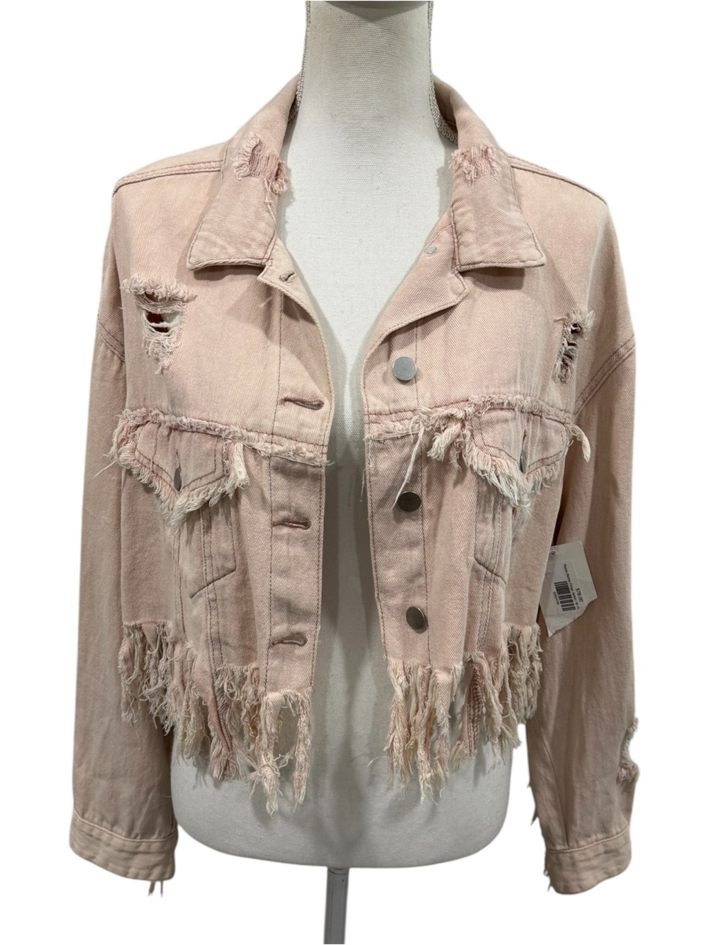 NWT POL Pink Fringe Distressed Crop Denim Jacket - Picture 7 of 16